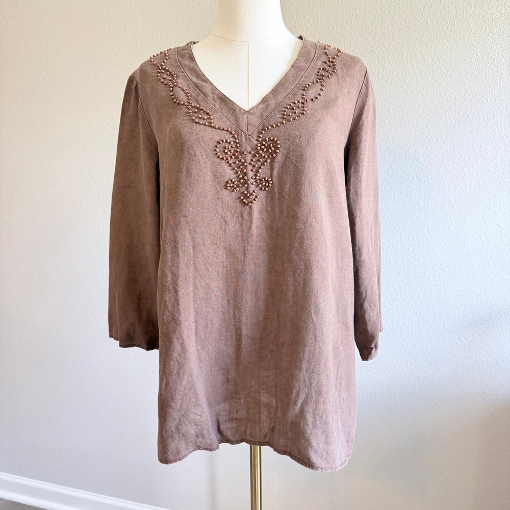 Vintage Choices Women Brown 100% Linen Beaded V-Neck Tunic Top 3/4 Sleeve